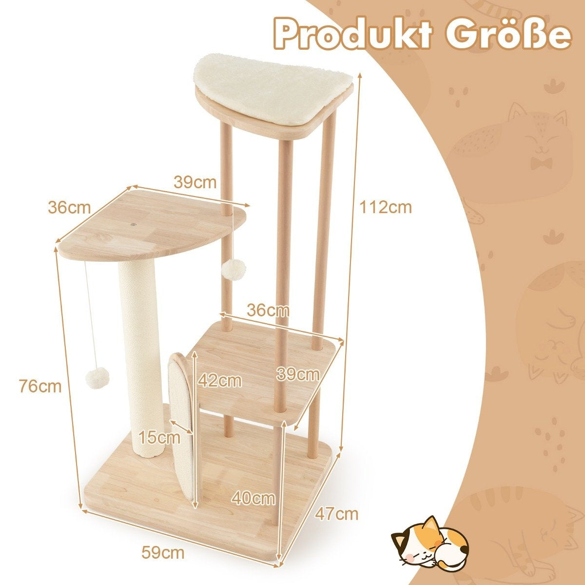 Wooden scratching post multi-story cat tower with scratching board sisal posts padded seat 59 x 47 x 112 cm beige