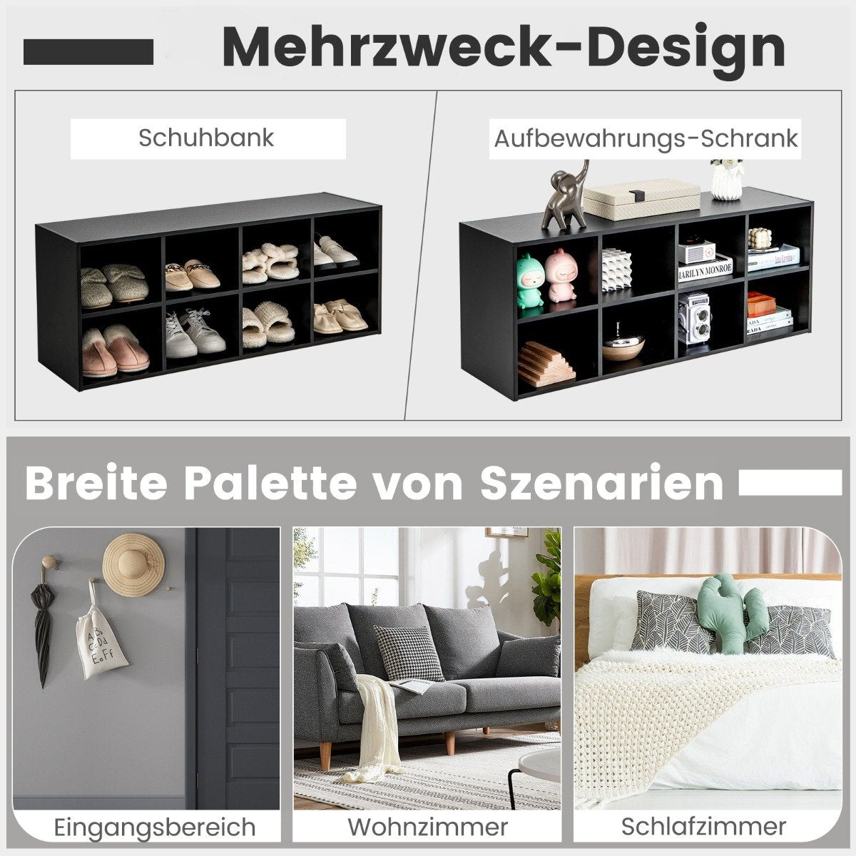 Wooden shoe bench with seat and 8 open compartments, 230 kg load capacity, shoe cabinet, black