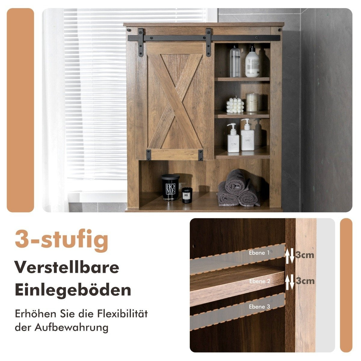 Wooden toilet cabinet with sliding door and 4-way adjustable shelves, brown