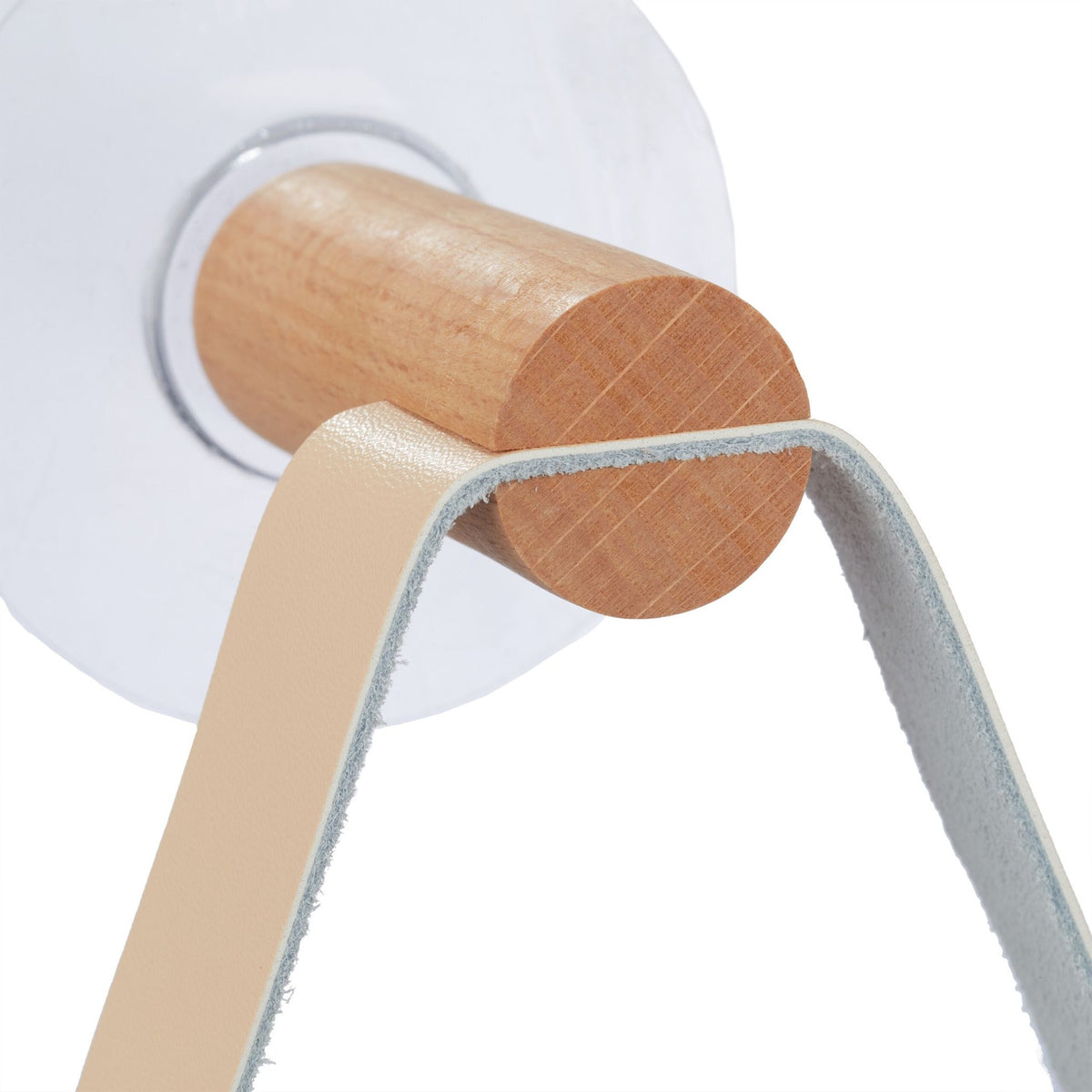 Wooden toilet roll holder with strap
