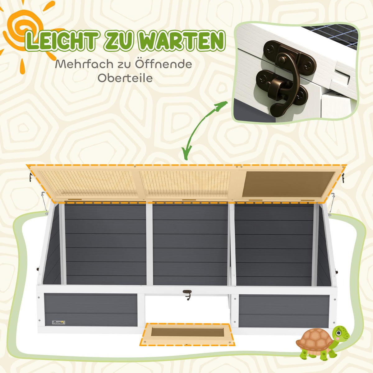 Wooden turtle house, turtle enclosure with two main houses, hinged top, key, outdoor reptile cage for small animals 120 x 55 x 50 cm, light gray