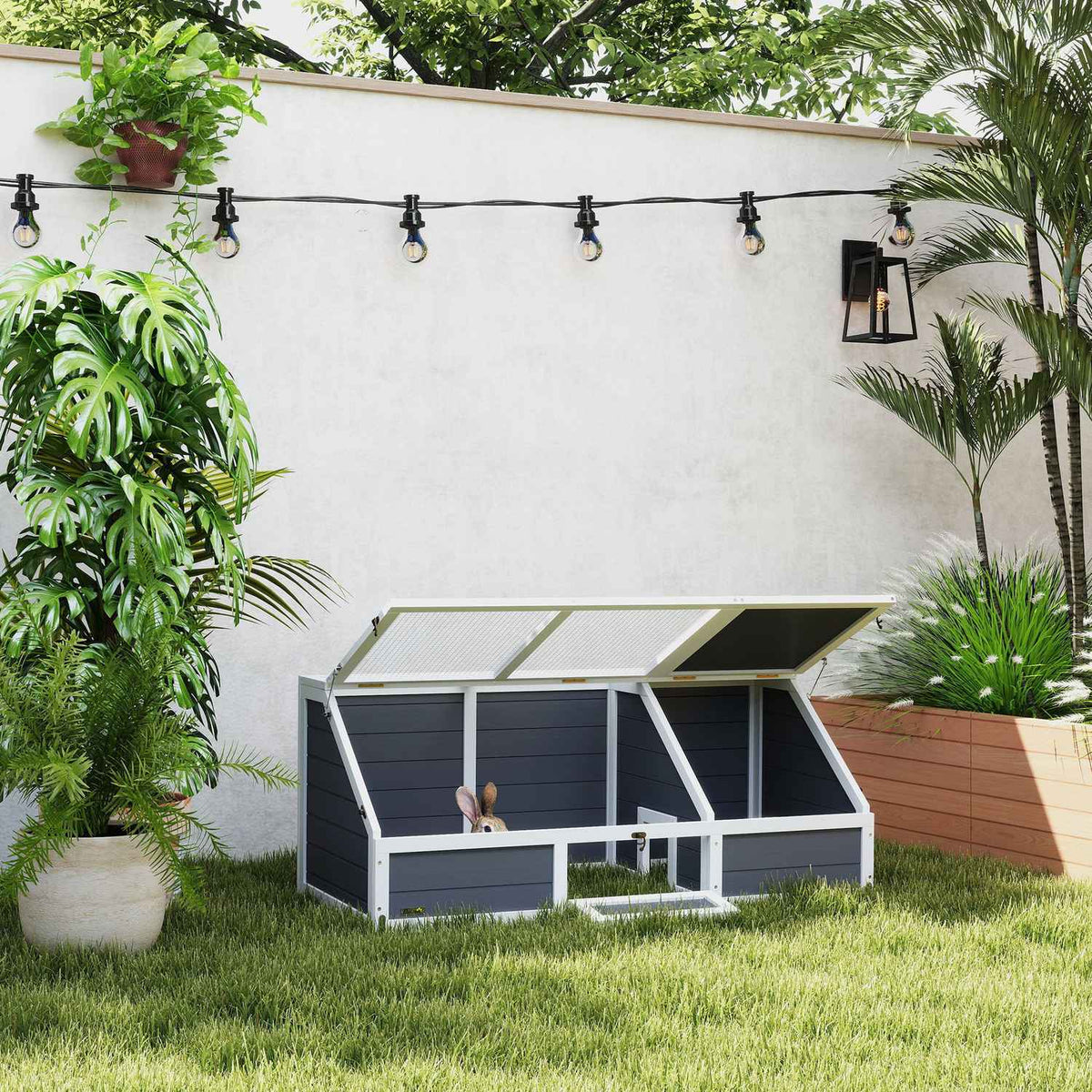 Wooden turtle house, turtle enclosure with two main houses, hinged top, key, outdoor reptile cage for small animals 120 x 55 x 50 cm, light gray