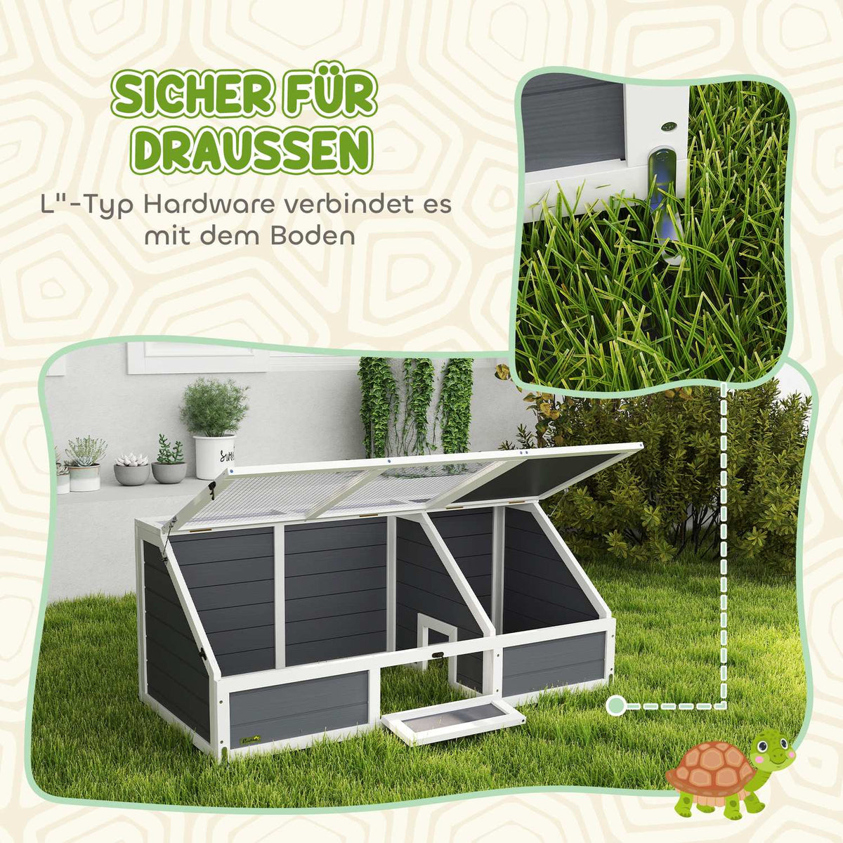 Wooden turtle house, turtle enclosure with two main houses, hinged top, key, outdoor reptile cage for small animals 120 x 55 x 50 cm, light gray