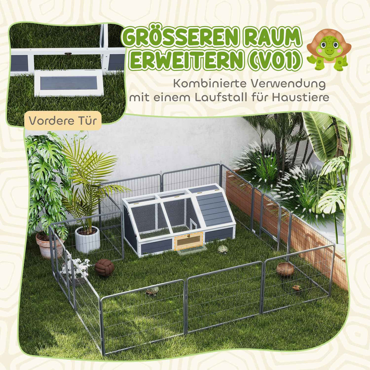 Wooden turtle house, turtle enclosure with two main houses, hinged top, key, outdoor reptile cage for small animals 120 x 55 x 50 cm, light gray