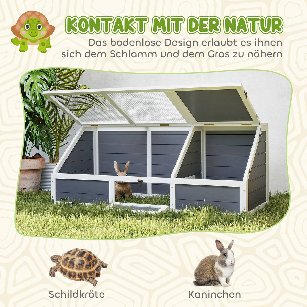 Wooden turtle house, turtle enclosure with two main houses, hinged top, key, outdoor reptile cage for small animals 120 x 55 x 50 cm, light gray
