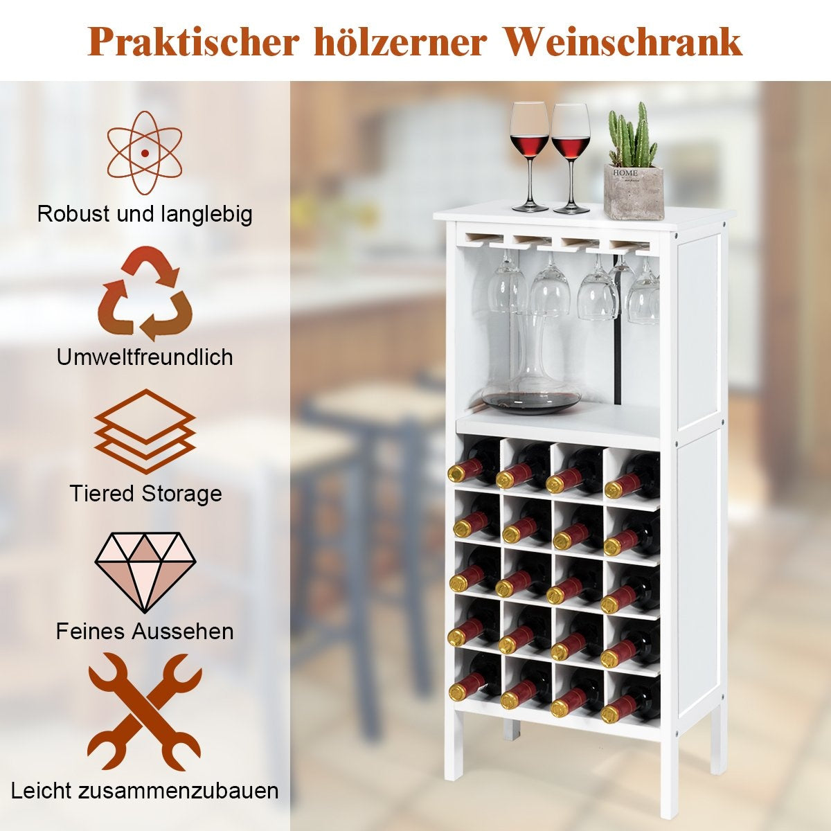 Wooden wine rack for 20 bottles with glass hanger 42 x 24.5 x 96 cm white