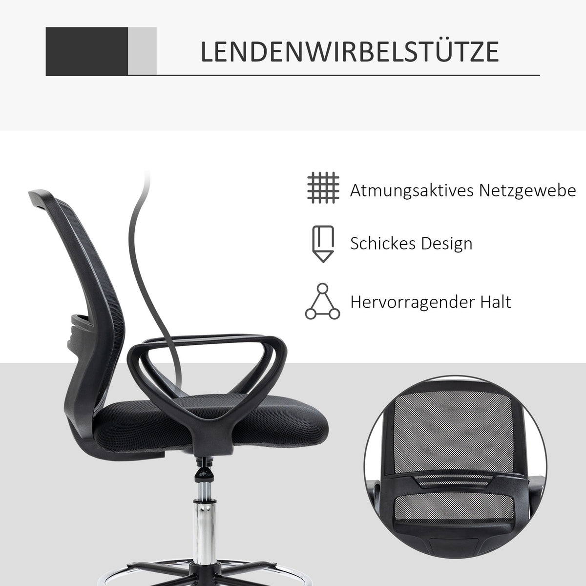 Work Chair Ergonomic Swivel Chair, Office Chair, Height-Adjustable Standing Aid, Footrest, Metal, Black, 59.5X60X102.5-126Cm