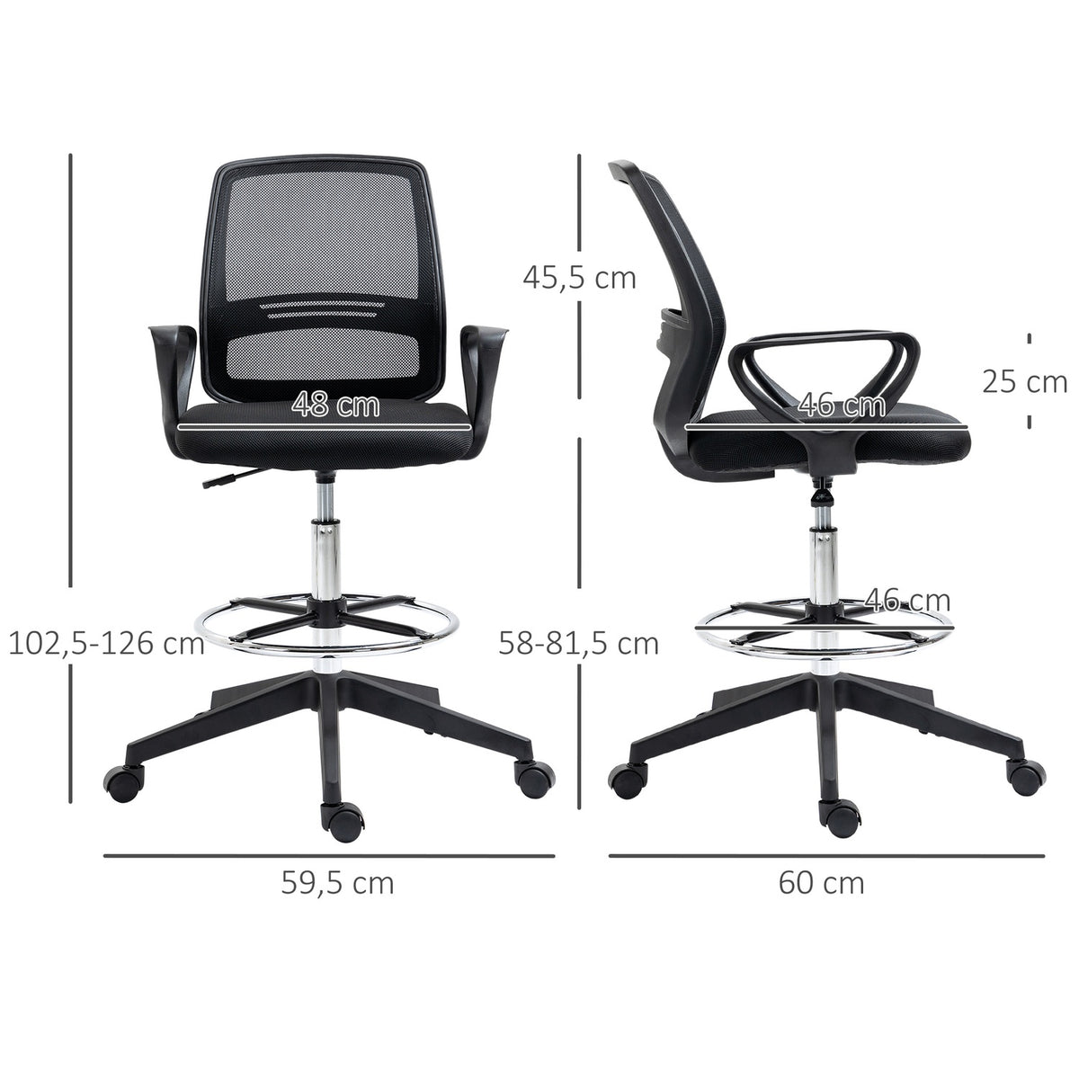 Work Chair Ergonomic Swivel Chair, Office Chair, Height-Adjustable Standing Aid, Footrest, Metal, Black, 59.5X60X102.5-126Cm