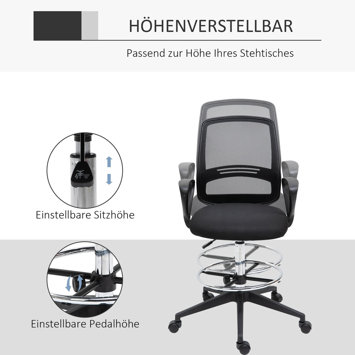 Work Chair Ergonomic Swivel Chair, Office Chair, Height-Adjustable Standing Aid, Footrest, Metal, Black, 59.5X60X102.5-126Cm