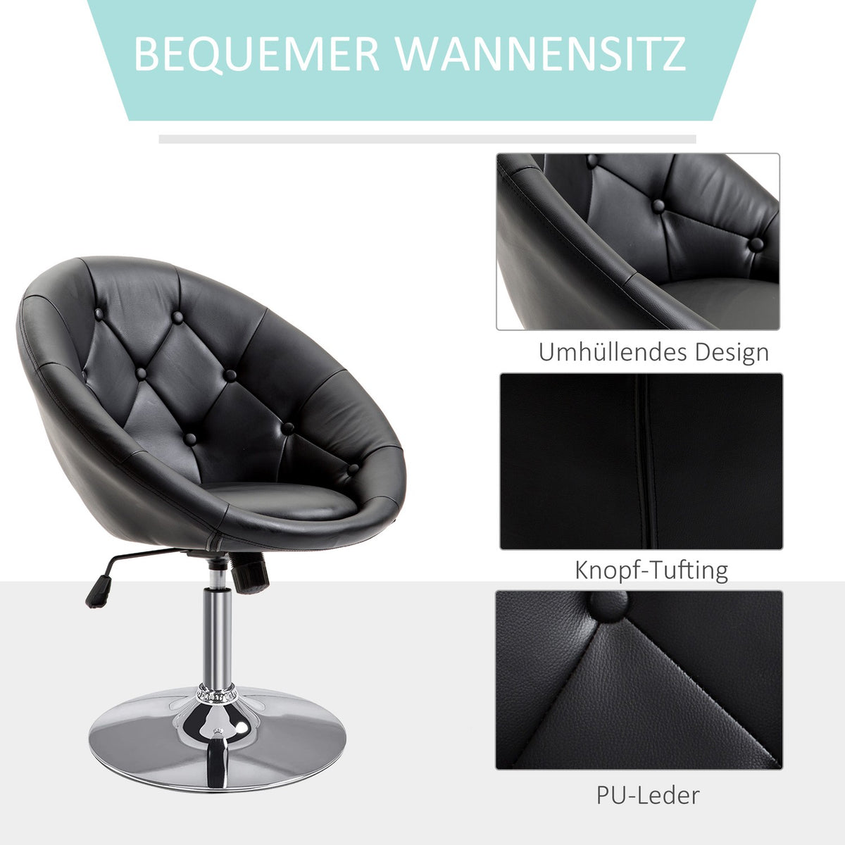 Work Stool Height Adjustable Swivel Chair, Office Chair, Pu & Steel, Black/White, 59X71X78-90Cm