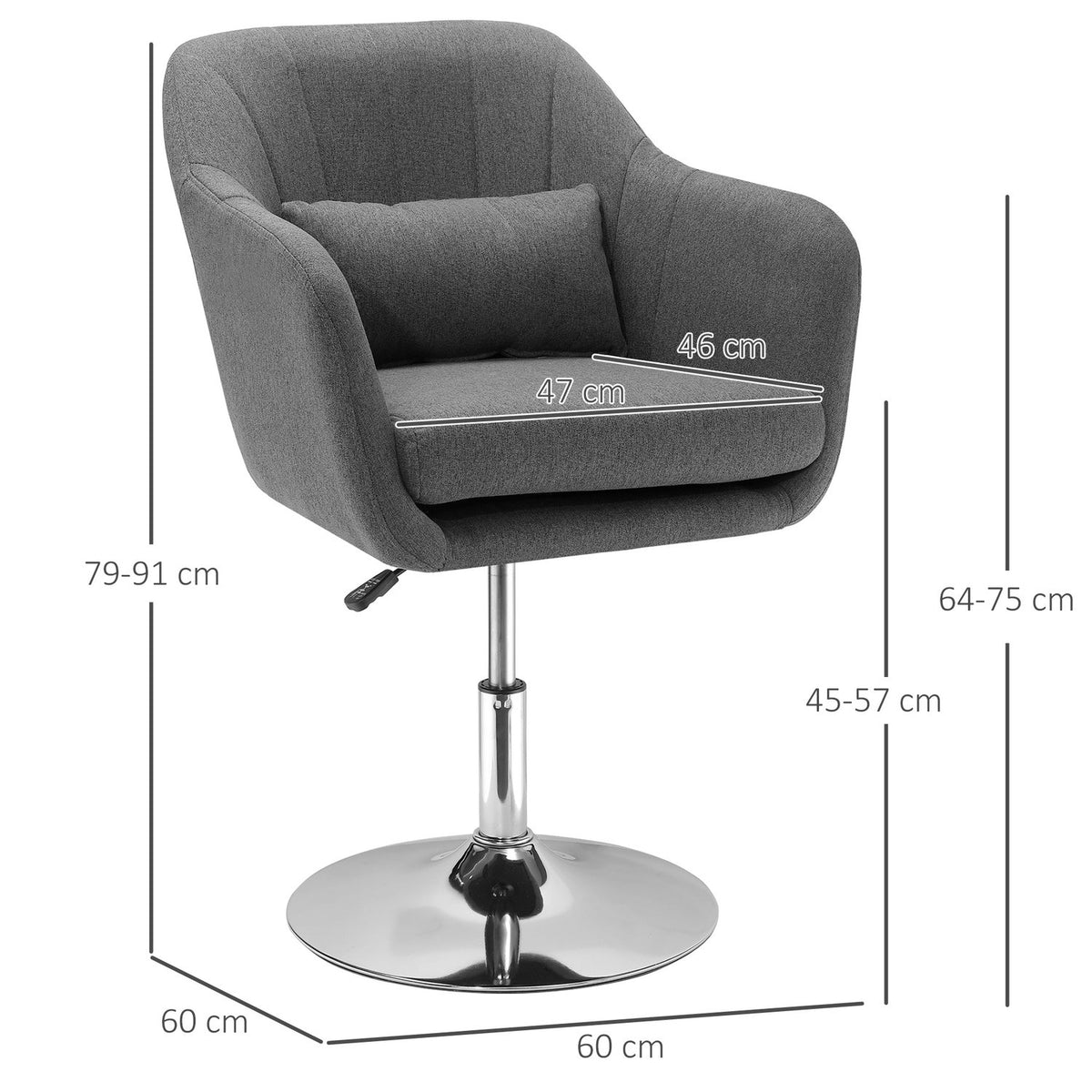 Work Stool Swivel Chair Office Chair Height Adjustable Linen-Like Polyester Steel Dark Gray 57 X 57 X 77.5-87 Cm