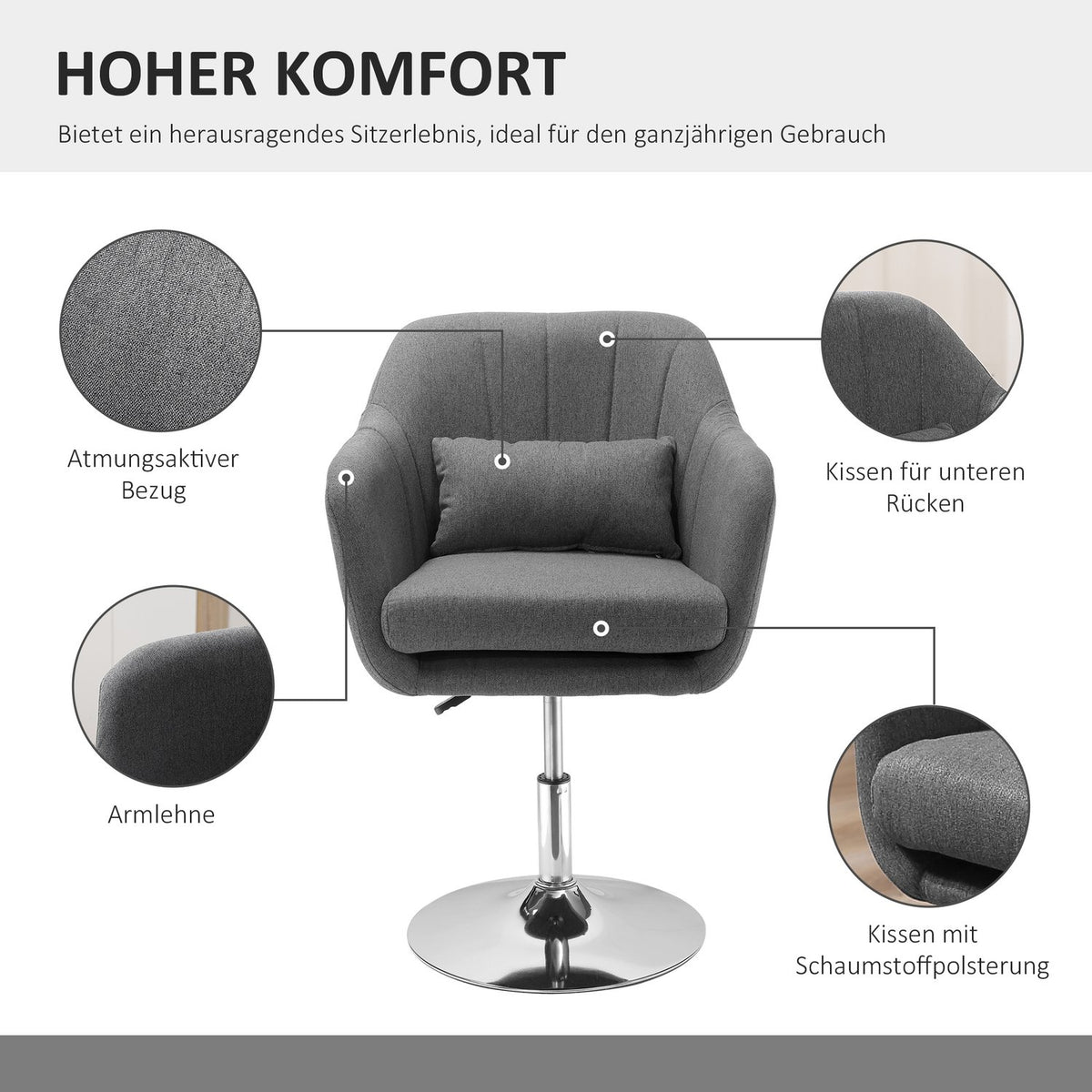 Work Stool Swivel Chair Office Chair Height Adjustable Linen-Like Polyester Steel Dark Gray 57 X 57 X 77.5-87 Cm