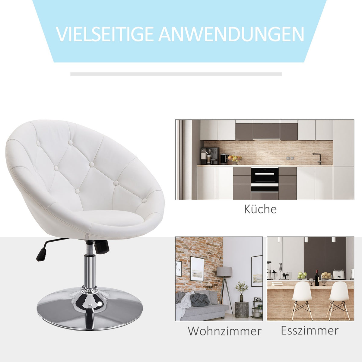 Work Stool Swivel Stool Chrome Plated Height Adjustable Pu + Steel Black/White 56X71X78-90Cm (White)