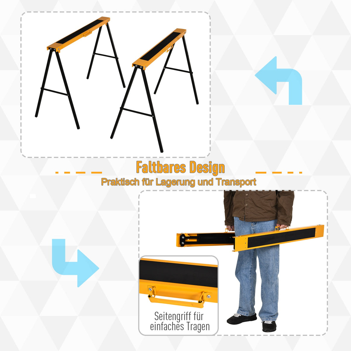 Work Trestle, Saw Horse, Jack Stand, Foldable, Non-Slip, Steel, Orange, Black, 99.5 X 50 X 78 Cm, Load Capacity 125 Kg