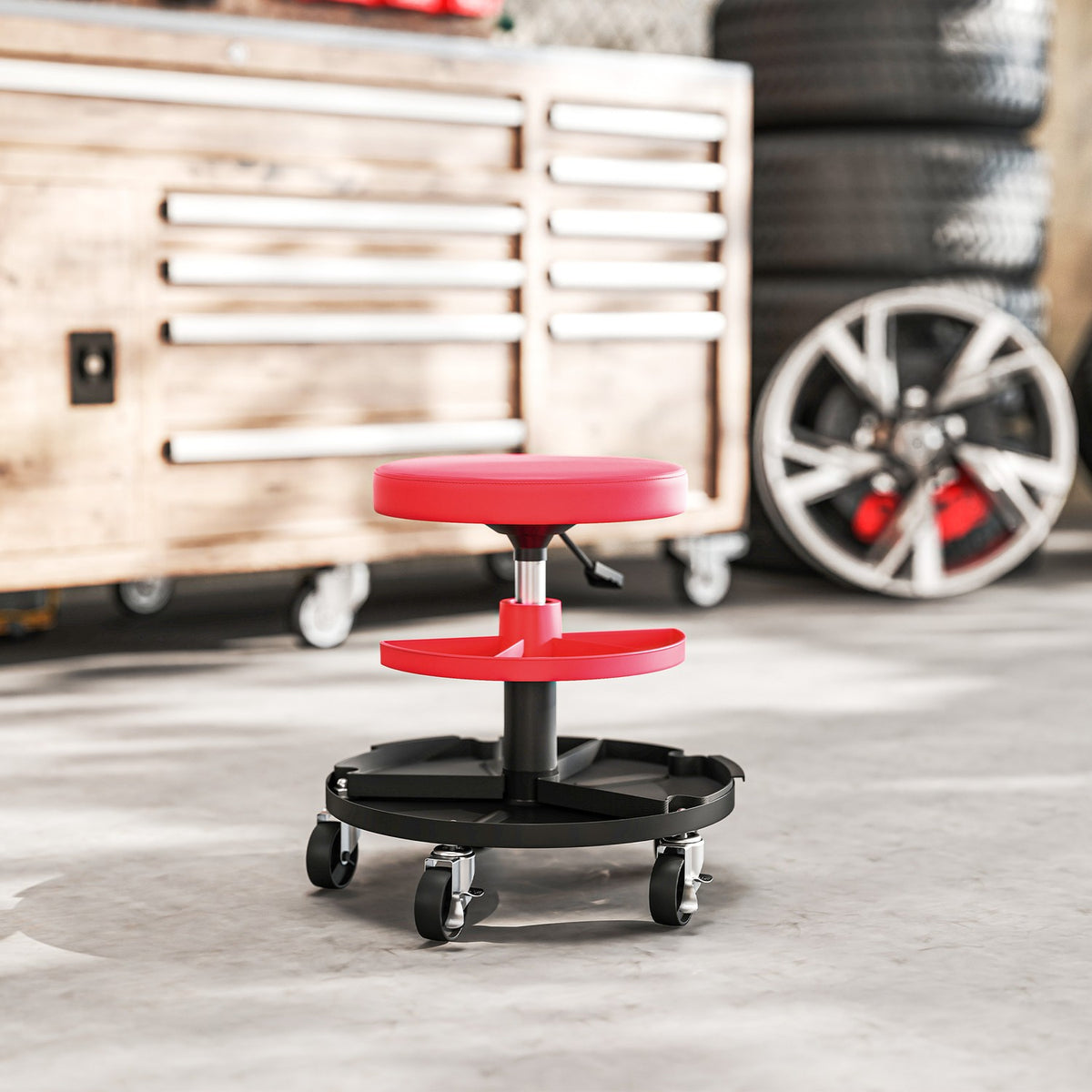 Workshop stool with castors, trays, height adjustable 40-51cm, rolling stool, load capacity up to 135 kg, red
