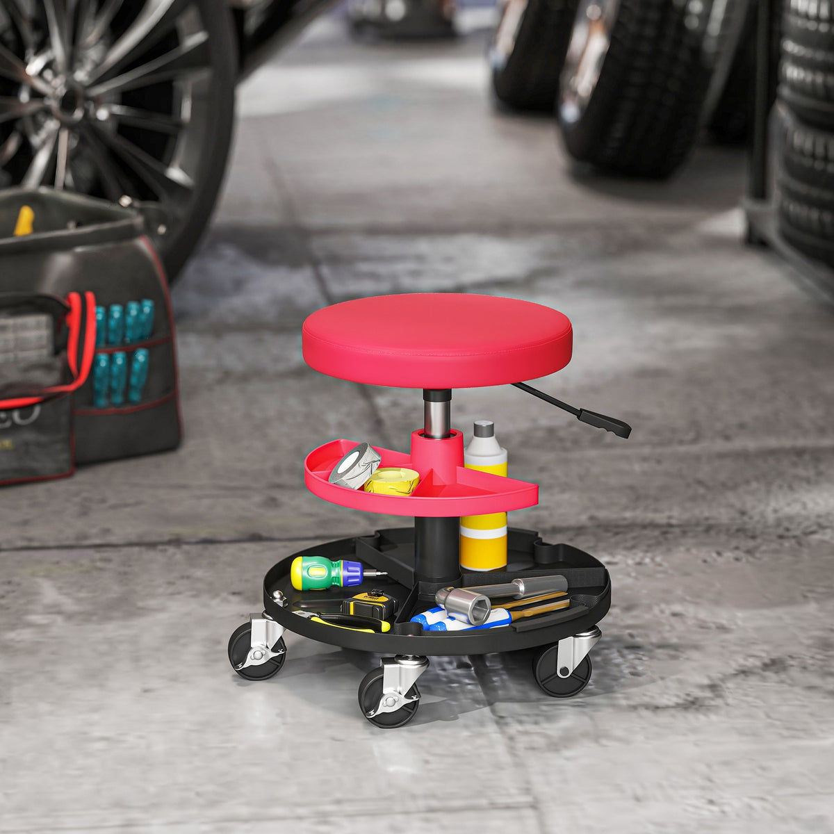 Workshop stool with castors, trays, height adjustable 40-51cm, rolling stool, load capacity up to 135 kg, red
