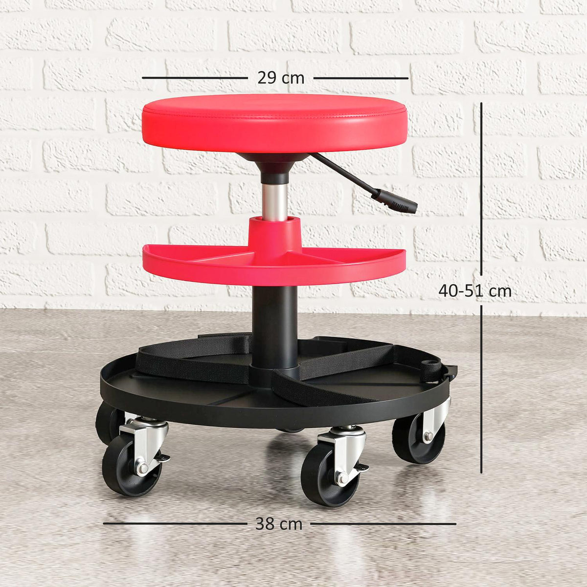Workshop stool with castors, trays, height adjustable 40-51cm, rolling stool, load capacity up to 135 kg, red