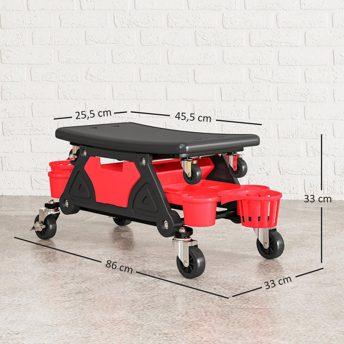 Workshop stool with removable castors, seat, storage area, 33cm high, rolling stool, load capacity up to 135 kg, red