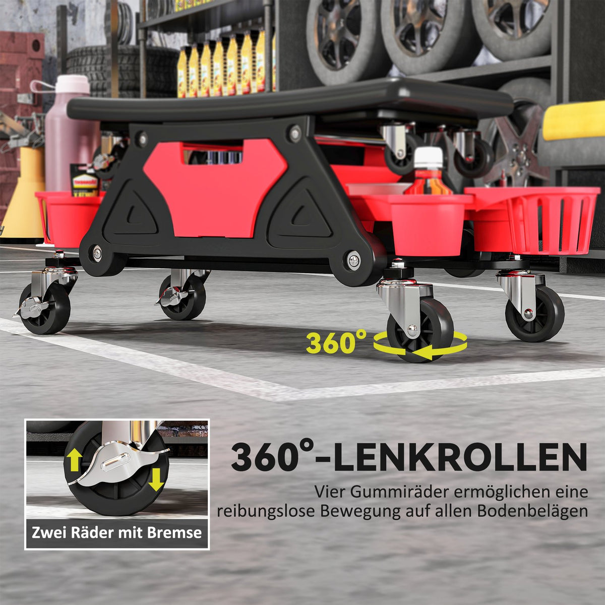 Workshop stool with removable castors, seat, storage area, 33cm high, rolling stool, load capacity up to 135 kg, red