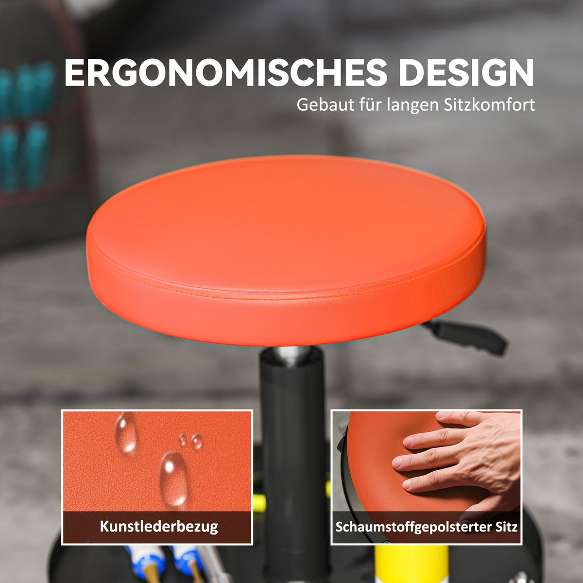 Workshop stool with wheels, height adjustable from 38-50cm, load capacity up to 135 kg, Orange