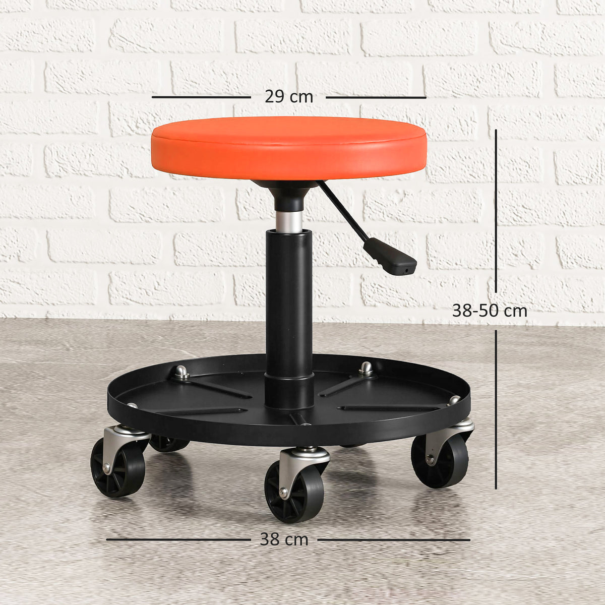 Workshop stool with wheels, height adjustable from 38-50cm, load capacity up to 135 kg, Orange