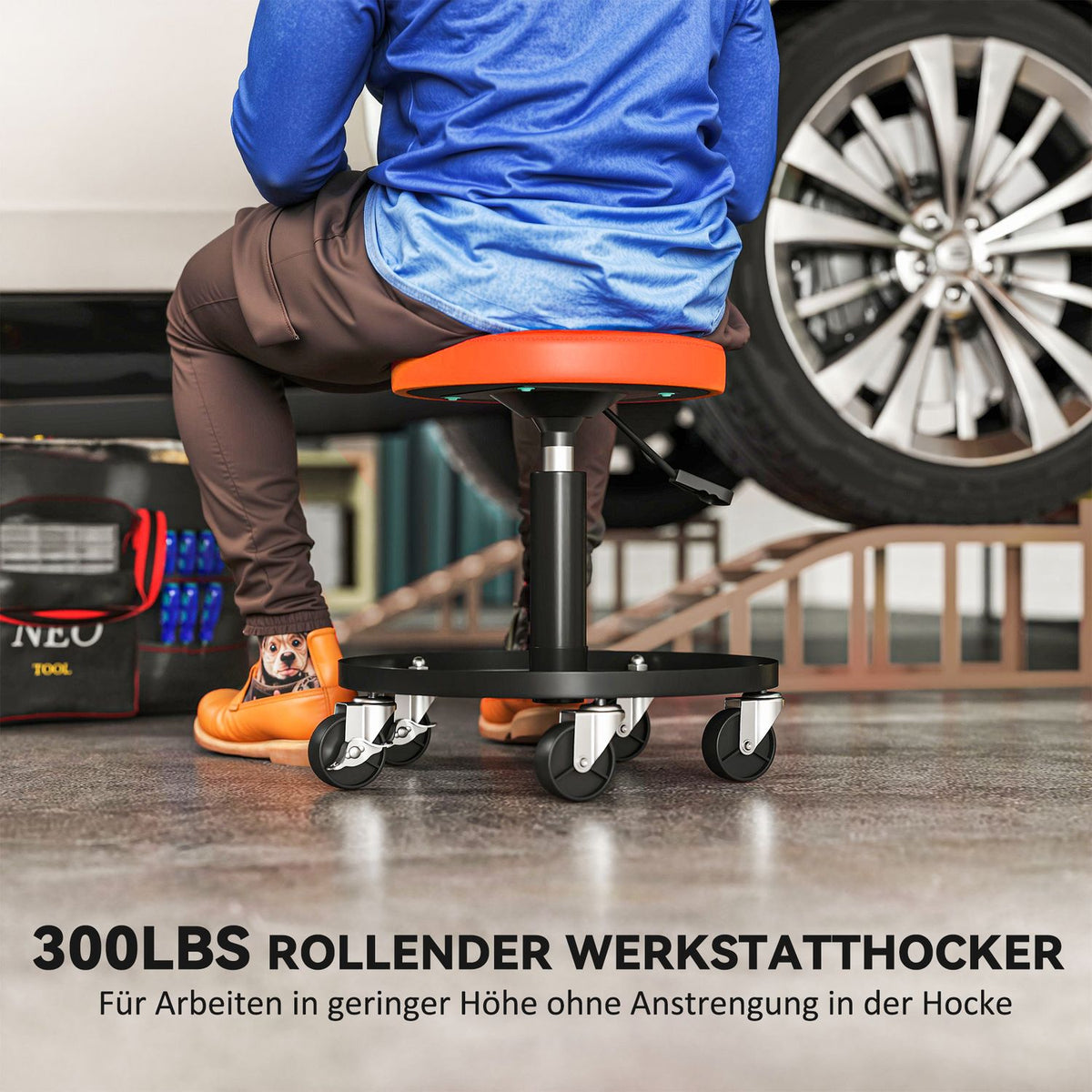 Workshop stool with wheels, height adjustable from 38-50cm, load capacity up to 135 kg, Orange