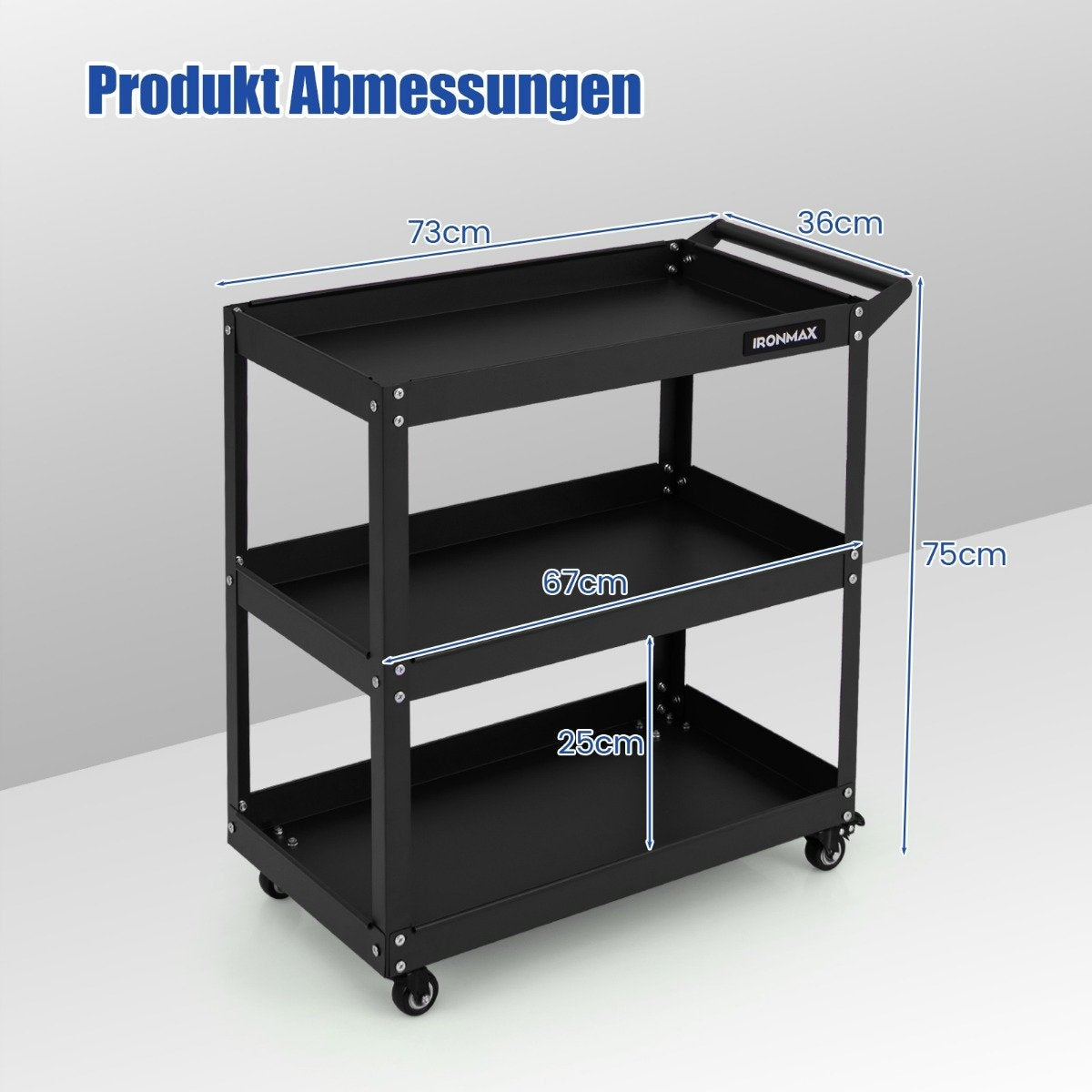Workshop trolley 3 tier workshop trolley with 4 universal wheels & handle 73 x 36 x 75 cm black