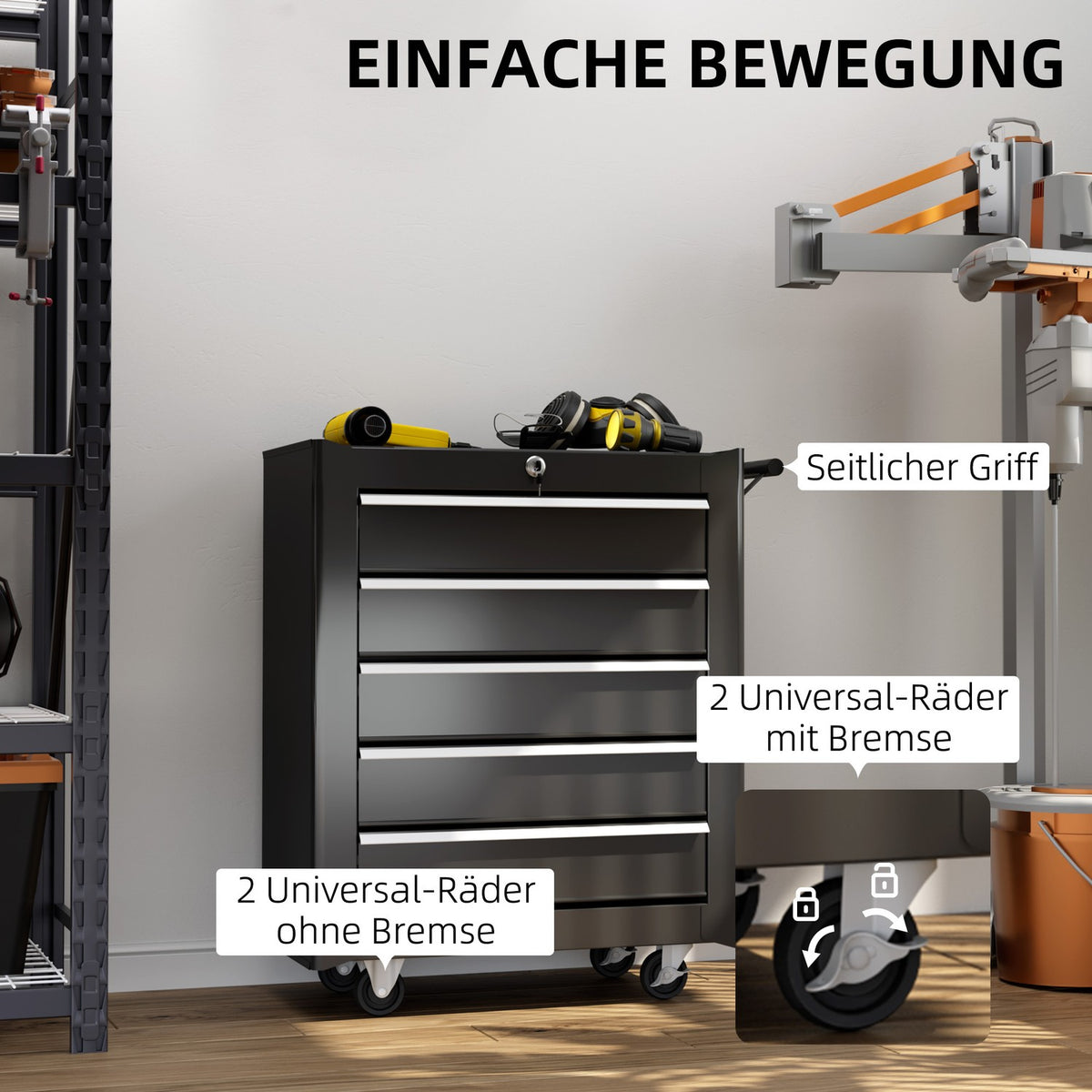 Workshop trolley, empty, tool trolley, lockable with 5 drawers, 2 keys, anti-slip mats, tool cabinet with handle, black