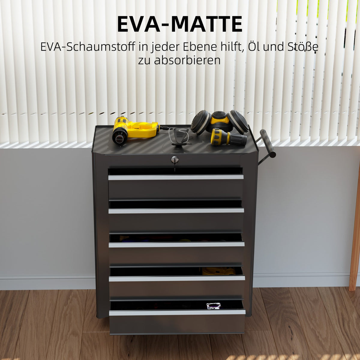 Workshop trolley, empty, tool trolley, lockable with 5 drawers, 2 keys, anti-slip mats, tool cabinet with handle, black