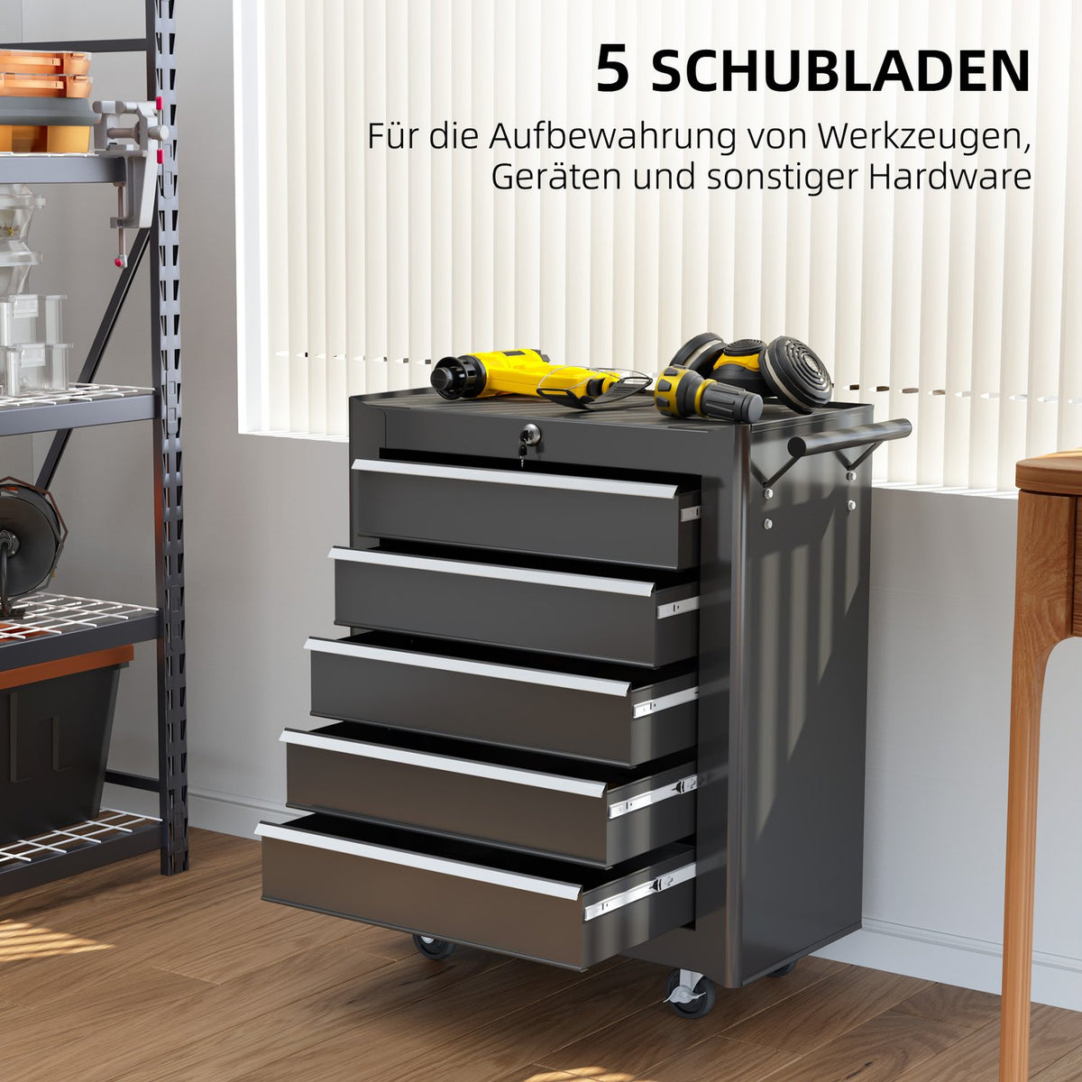 Workshop trolley, empty, tool trolley, lockable with 5 drawers, 2 keys, anti-slip mats, tool cabinet with handle, black