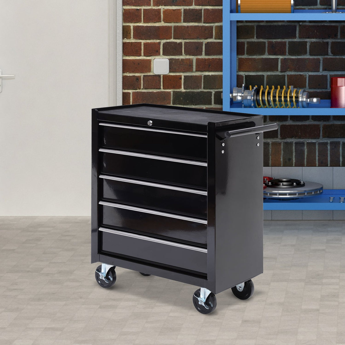 Workshop trolley, empty, tool trolley, lockable with 5 drawers, 2 keys, anti-slip mats, tool cabinet with handle, black