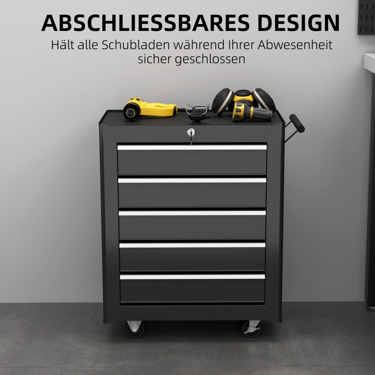 Workshop trolley, empty, tool trolley, lockable with 5 drawers, 2 keys, anti-slip mats, tool cabinet with handle, black