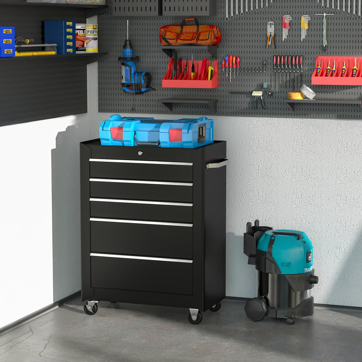 Workshop trolley tool trolley empty lockable with 5 drawers, 2 keys, anti-slip mats, tool cabinet black