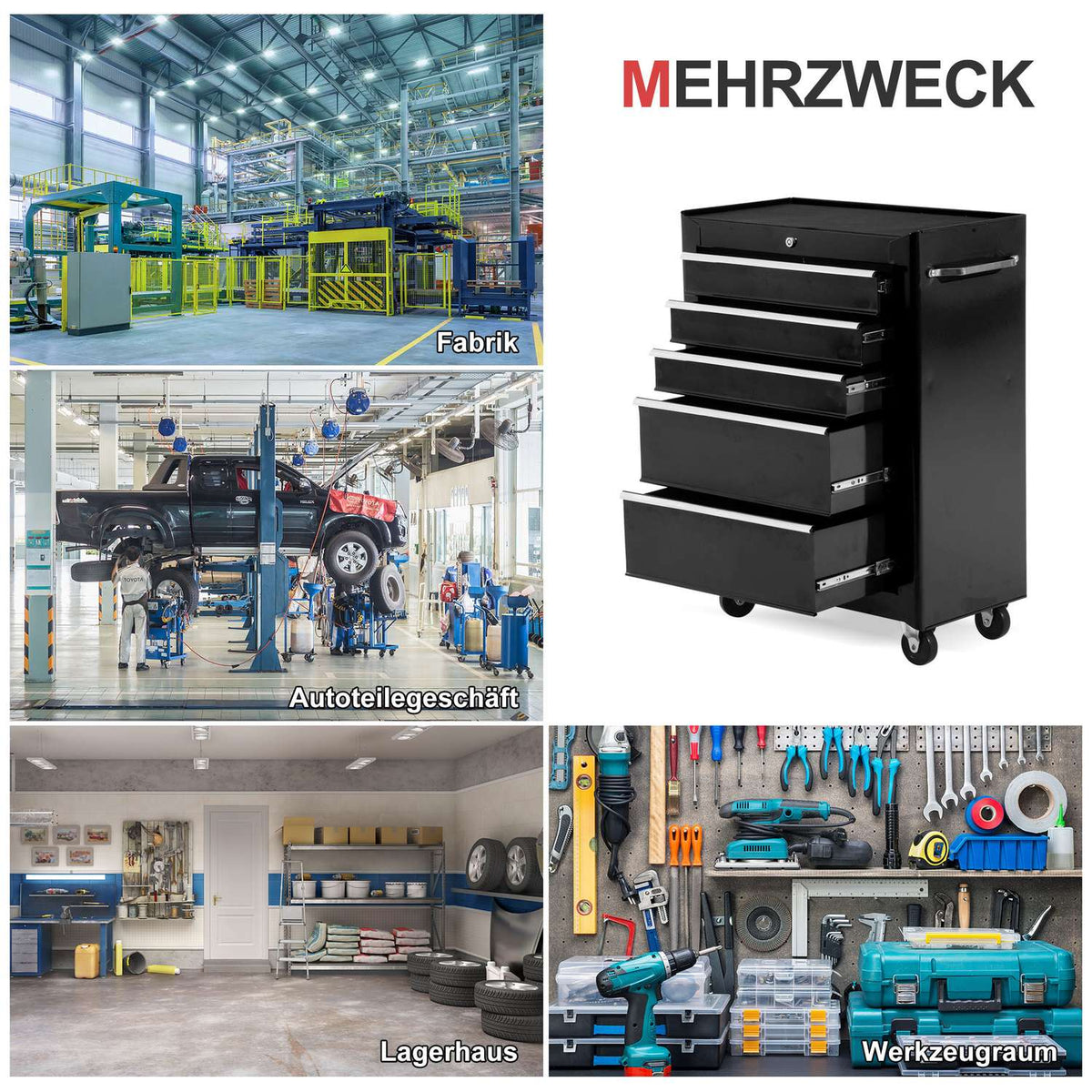 Workshop trolley tool trolley empty lockable with 5 drawers, 2 keys, anti-slip mats, tool cabinet black