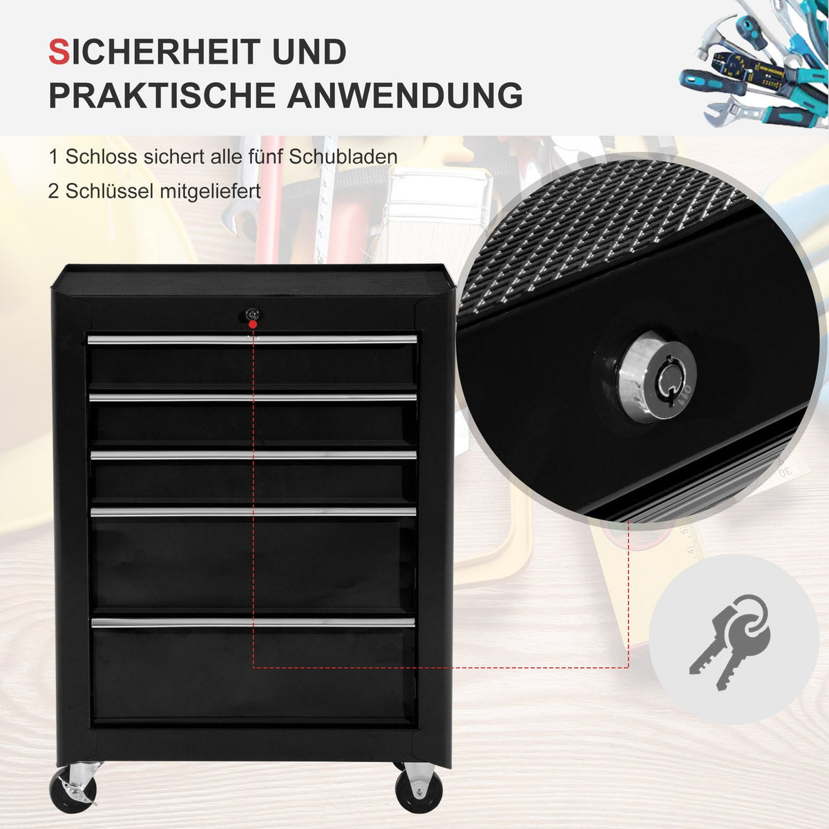 Workshop trolley tool trolley empty lockable with 5 drawers, 2 keys, anti-slip mats, tool cabinet black