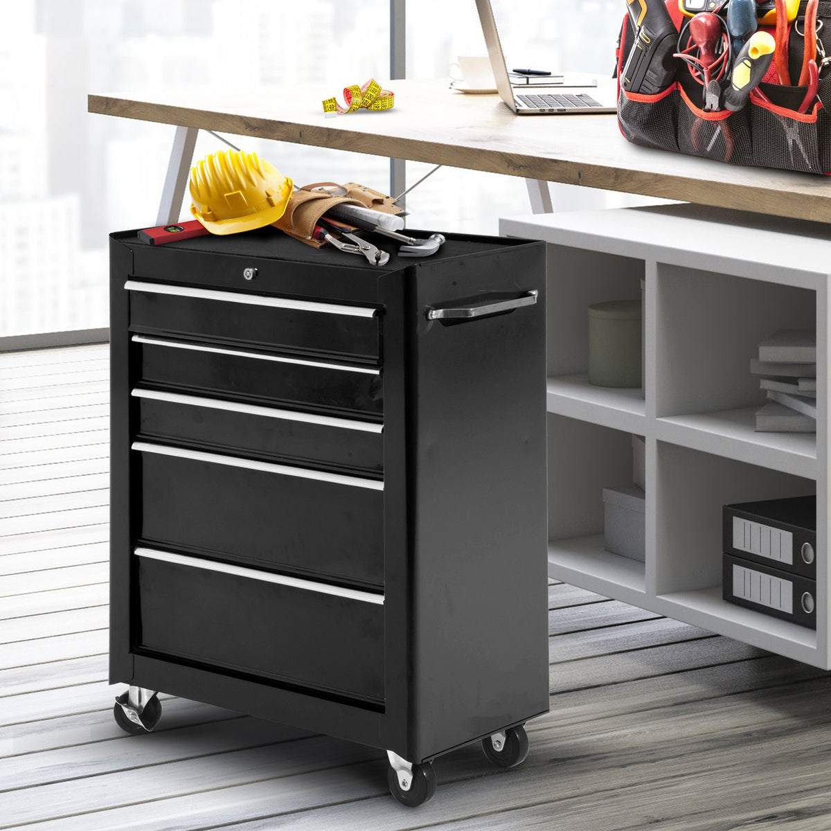 Workshop trolley tool trolley empty lockable with 5 drawers, 2 keys, anti-slip mats, tool cabinet black