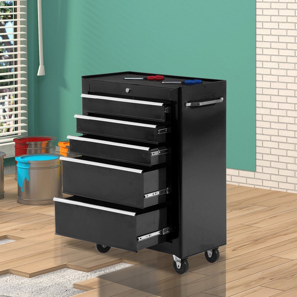 Workshop trolley tool trolley empty lockable with 5 drawers, 2 keys, anti-slip mats, tool cabinet black