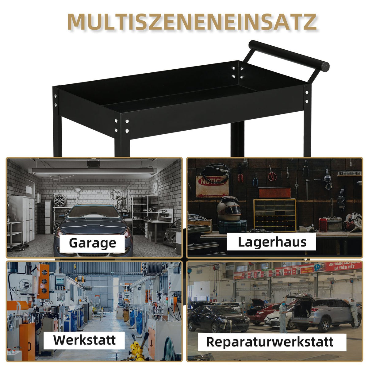 Workshop trolley with 2 levels, empty tool trolley, transport trolley, side handle, 4 wheels, steel, up to 150 kg load capacity, 84.5 x 38 x 84 cm, black