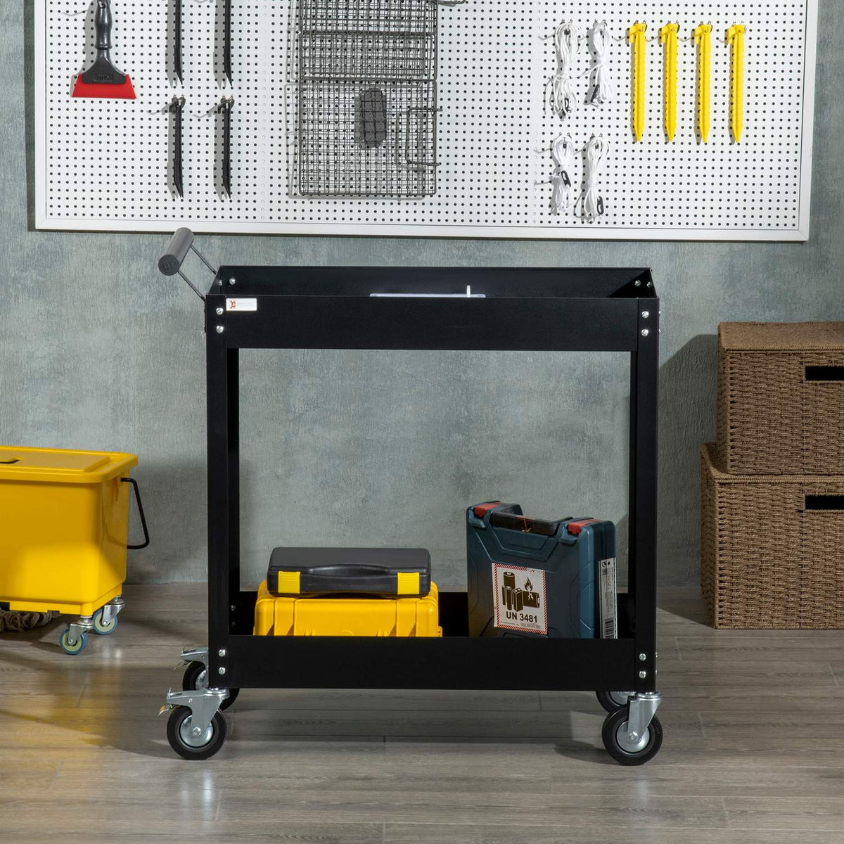 Workshop trolley with 2 levels, empty tool trolley, transport trolley, side handle, 4 wheels, steel, up to 150 kg load capacity, 84.5 x 38 x 84 cm, black