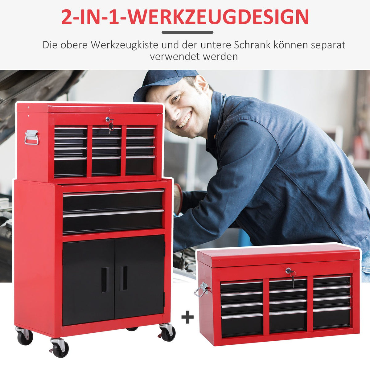 Workshop trolley with tool box Empty tool trolley lockable with 6 drawers, cupboard compartment, anti-slip mats, 2 keys Metal tool cabinet red + black