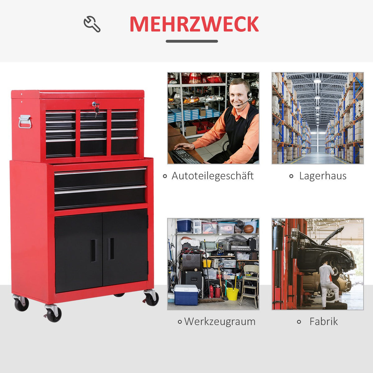 Workshop trolley with tool box Empty tool trolley lockable with 6 drawers, cupboard compartment, anti-slip mats, 2 keys Metal tool cabinet red + black