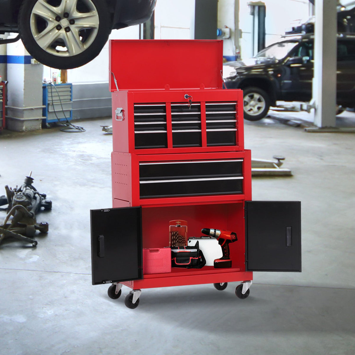 Workshop trolley with tool box Empty tool trolley lockable with 6 drawers, cupboard compartment, anti-slip mats, 2 keys Metal tool cabinet red + black