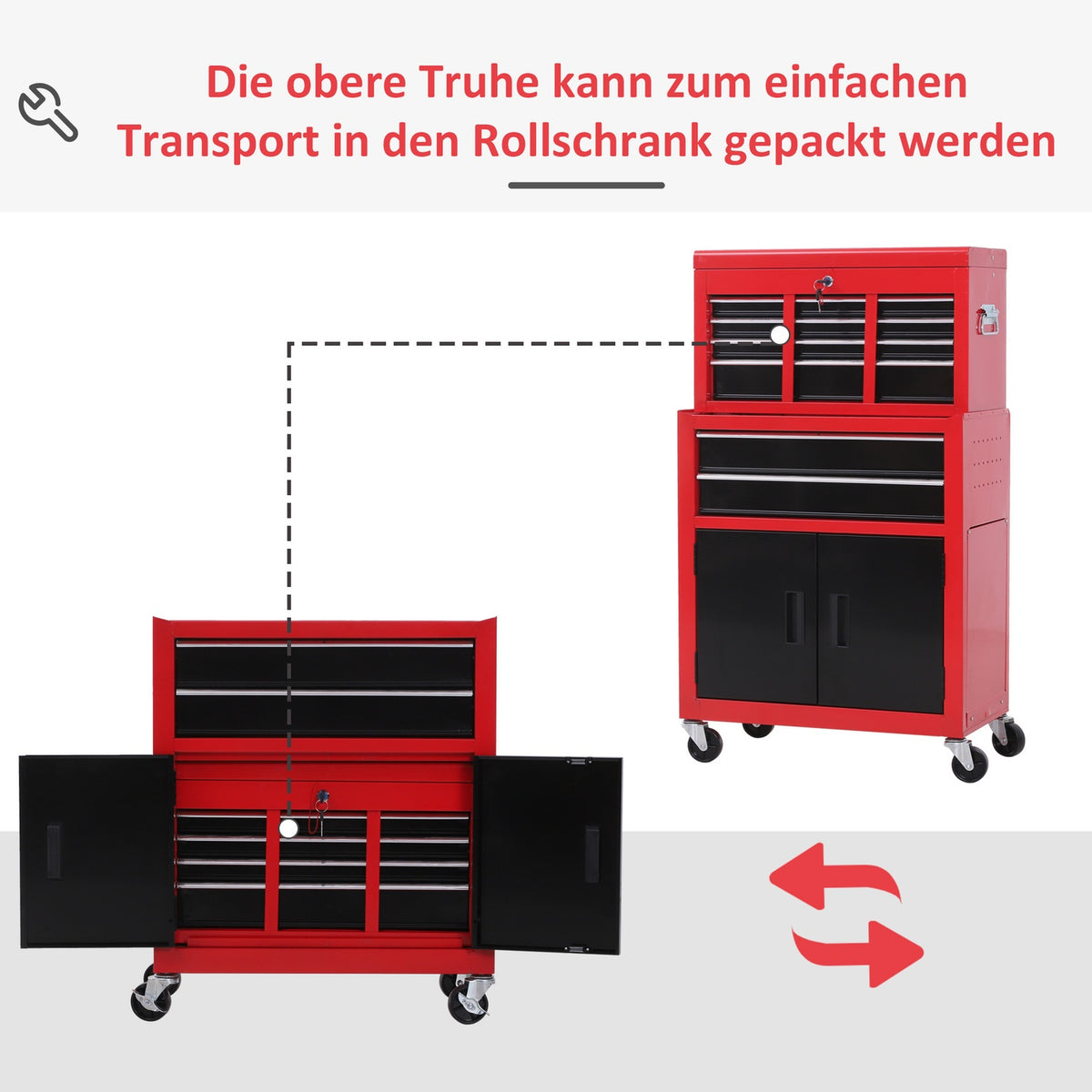 Workshop trolley with tool box Empty tool trolley lockable with 6 drawers, cupboard compartment, anti-slip mats, 2 keys Metal tool cabinet red + black