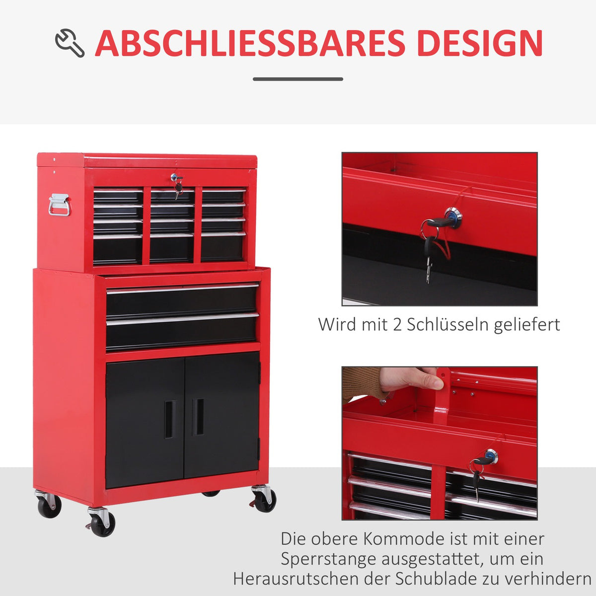 Workshop trolley with tool box Empty tool trolley lockable with 6 drawers, cupboard compartment, anti-slip mats, 2 keys Metal tool cabinet red + black