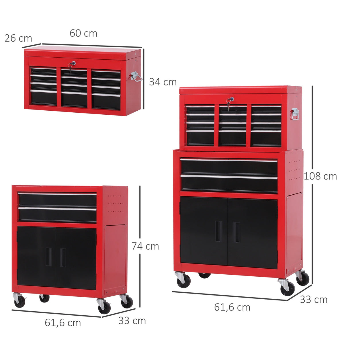 Workshop trolley with tool box Empty tool trolley lockable with 6 drawers, cupboard compartment, anti-slip mats, 2 keys Metal tool cabinet red + black
