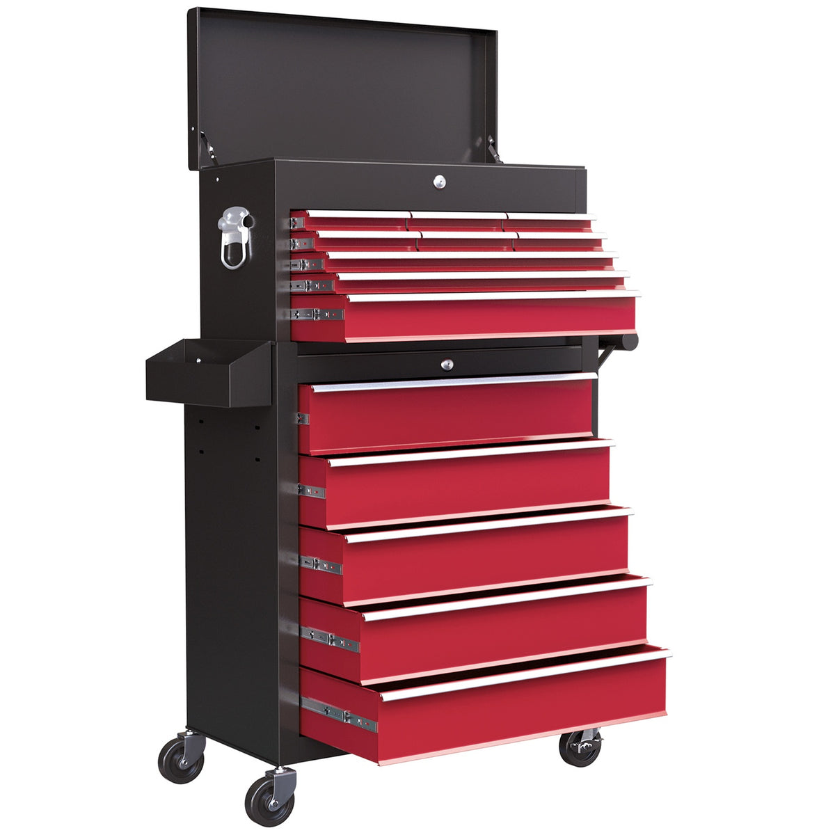 Workshop trolley with wheels, tool trolley with 14 drawers, lockable assembly trolley with side perforated wall, EVA mats, mobile trolley, red