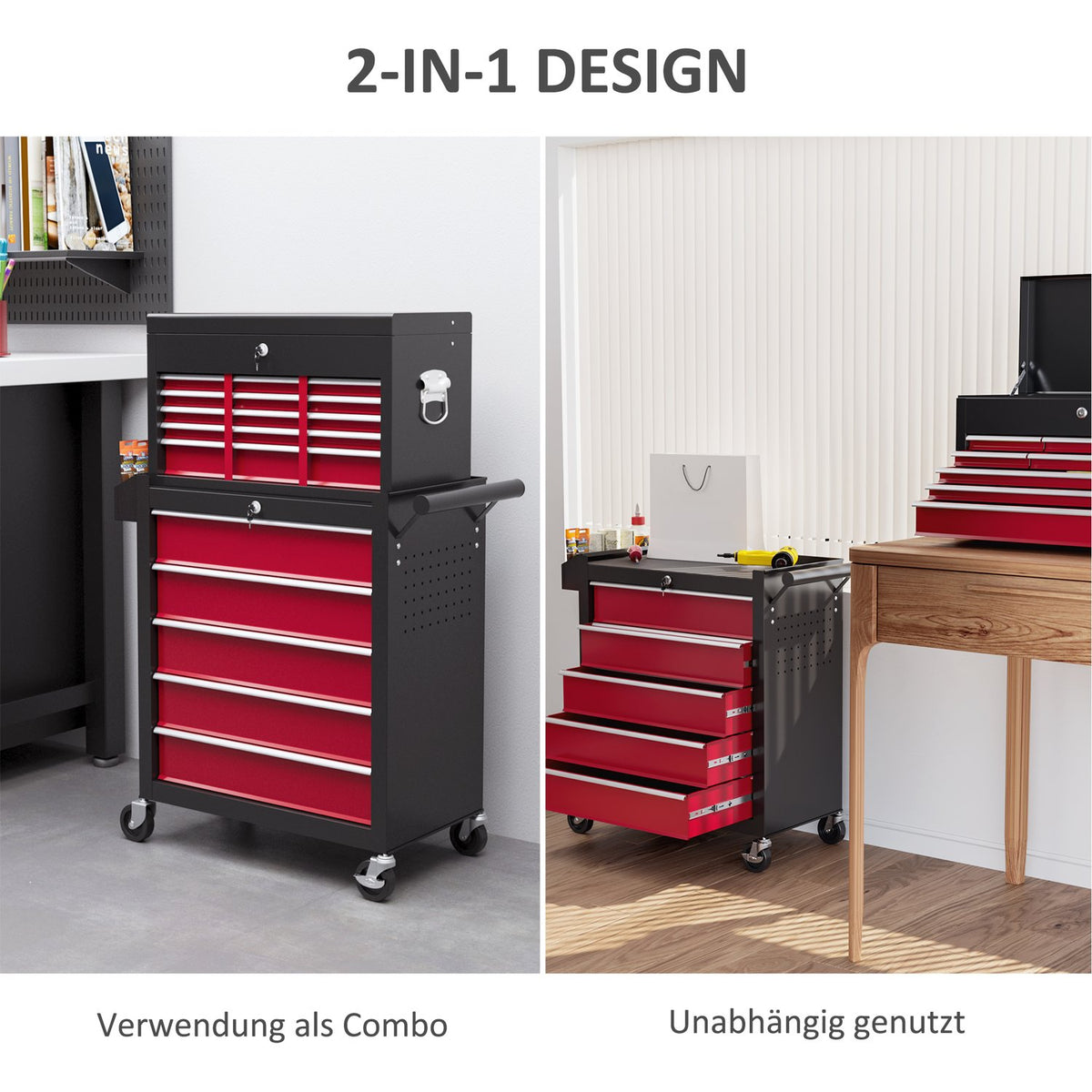 Workshop trolley with wheels, tool trolley with 14 drawers, lockable assembly trolley with side perforated wall, EVA mats, mobile trolley, red