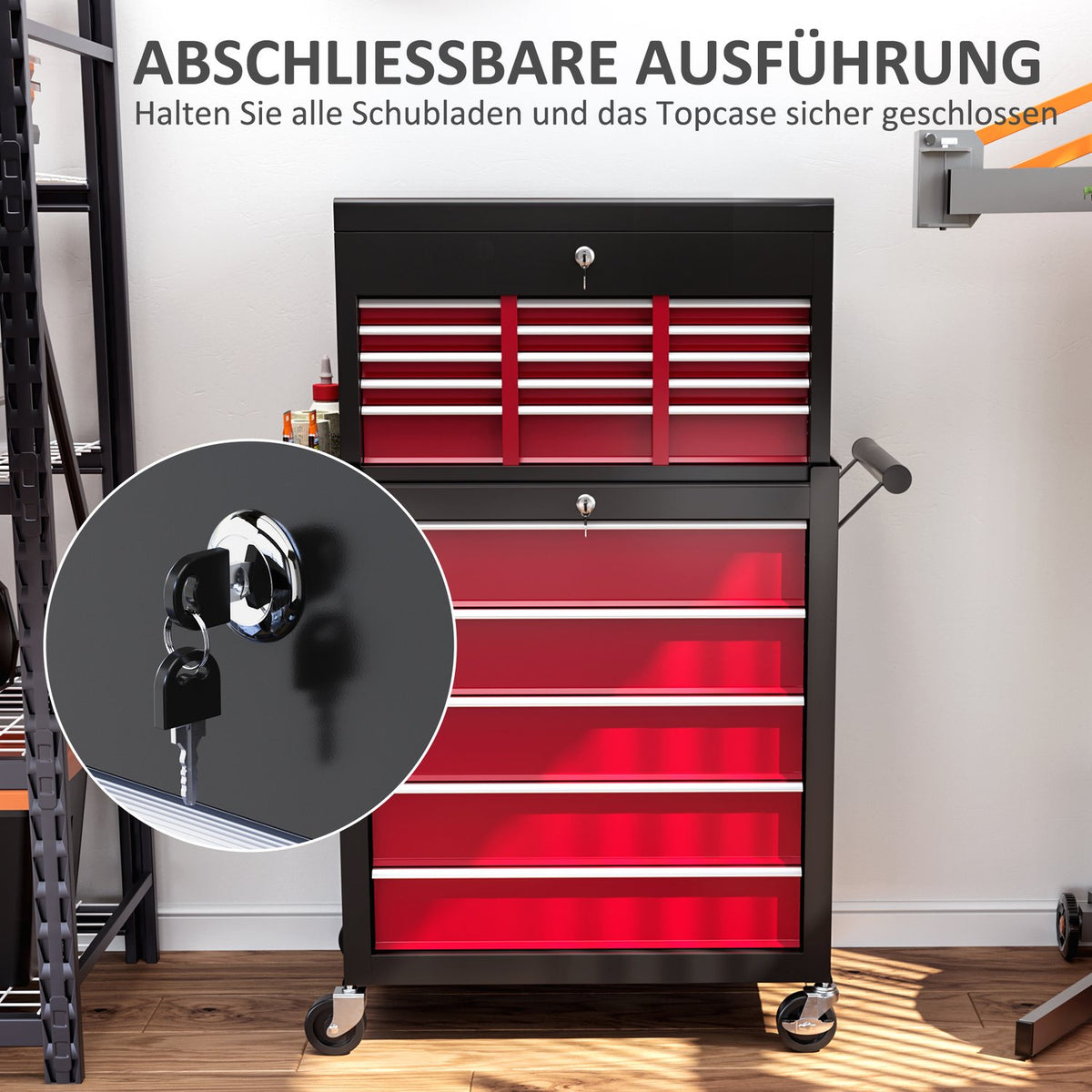 Workshop trolley with wheels, tool trolley with 14 drawers, lockable assembly trolley with side perforated wall, EVA mats, mobile trolley, red