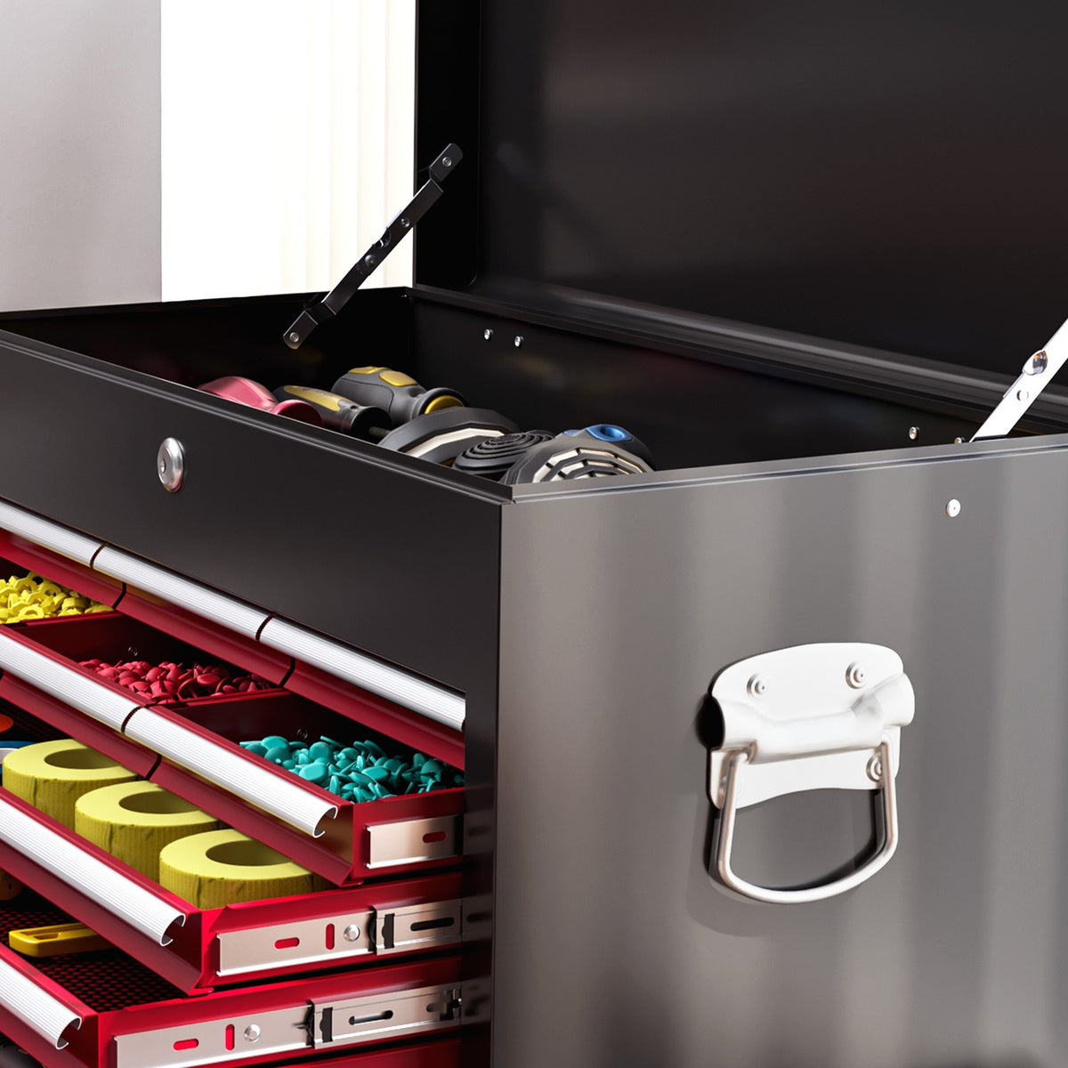 Workshop trolley with wheels, tool trolley with 14 drawers, lockable assembly trolley with side perforated wall, EVA mats, mobile trolley, red