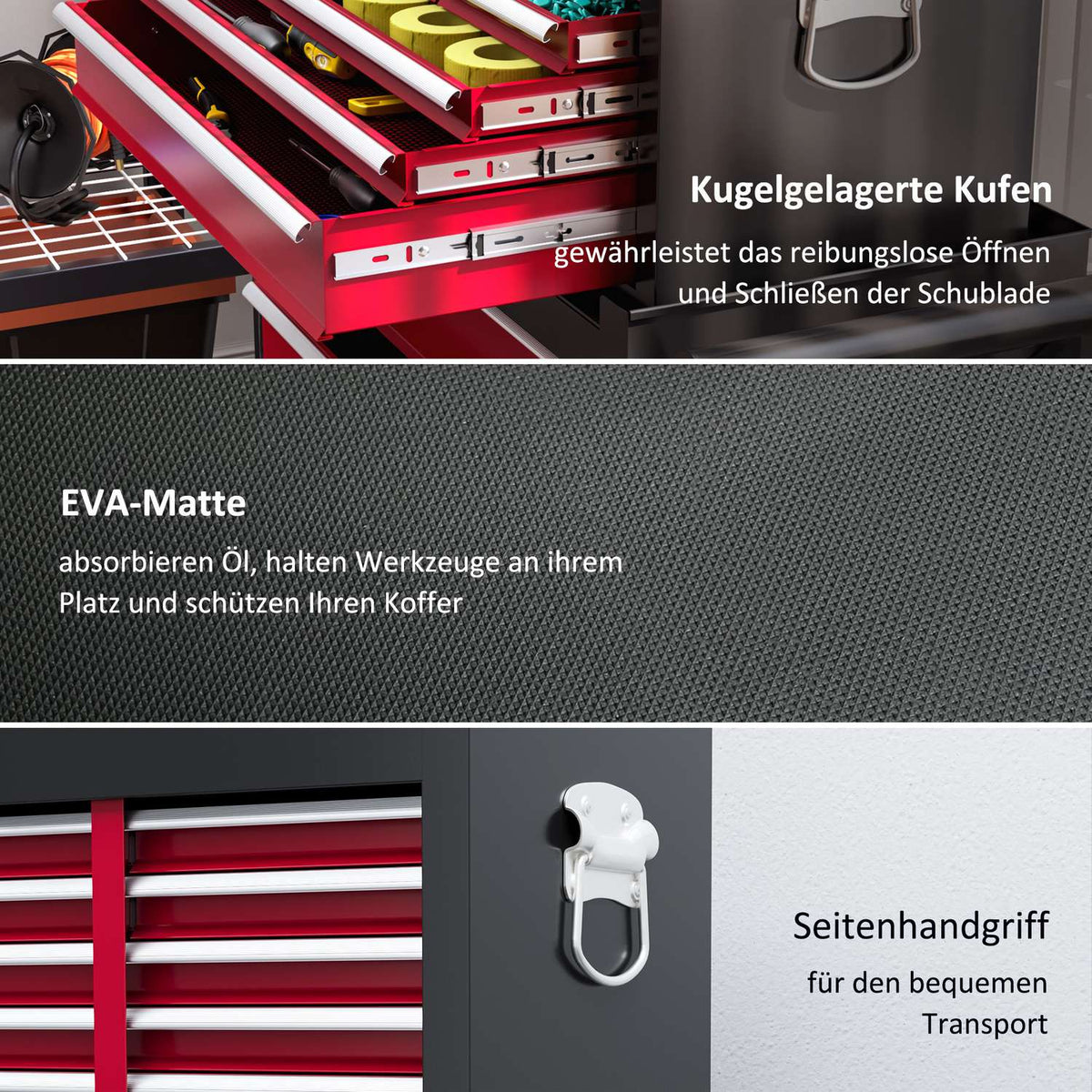 Workshop trolley with wheels, tool trolley with 14 drawers, lockable assembly trolley with side perforated wall, EVA mats, mobile trolley, red